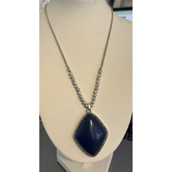 Lucky Brand Silver Tone Necklace Blue Agate Pendant Slide Adj Boho Marcasite - Picture 1 of 7